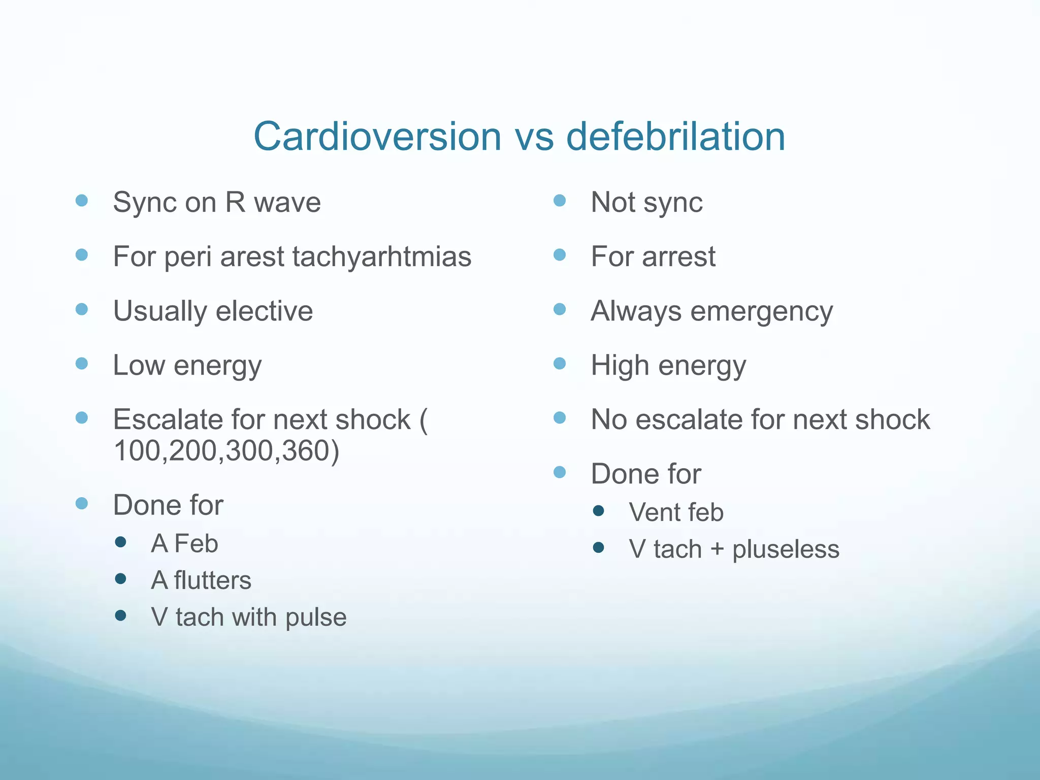Cardioversion vs defebrilation
 Sync on R wave
 For peri arest tachyarhtmias
 Usually elective
 Low energy
 Escalate for next shock (
100,200,300,360)
 Done for
 A Feb
 A flutters
 V tach with pulse
 Not sync
 For arrest
 Always emergency
 High energy
 No escalate for next shock
 Done for
 Vent feb
 V tach + pluseless
 