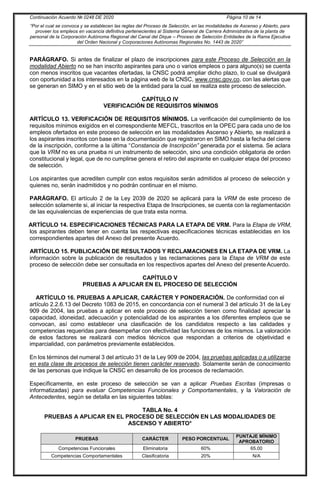 Continuación Acuerdo № 0248 DE 2020 Página 10 de 14
“Por el cual se convoca y se establecen las reglas del Proceso de Selección, en las modalidades de Ascenso y Abierto, para
proveer los empleos en vacancia definitiva pertenecientes al Sistema General de Carrera Administrativa de la planta de
personal de la Corporación Autónoma Regional del Canal del Dique – Proceso de Selección Entidades de la Rama Ejecutiva
del Orden Nacional y Corporaciones Autónomas Regionales No. 1443 de 2020”
PARÁGRAFO. Si antes de finalizar el plazo de inscripciones para este Proceso de Selección en la
modalidad Abierto no se han inscrito aspirantes para uno o varios empleos o para alguno(s) se cuenta
con menos inscritos que vacantes ofertadas, la CNSC podrá ampliar dicho plazo, lo cual se divulgará
con oportunidad a los interesados en la página web de la CNSC, www.cnsc.gov.co, con las alertas que
se generan en SIMO y en el sitio web de la entidad para la cual se realiza este proceso de selección.
CAPÍTULO IV
VERIFICACIÓN DE REQUISITOS MÍNIMOS
ARTÍCULO 13. VERIFICACIÓN DE REQUISITOS MÍNIMOS. La verificación del cumplimiento de los
requisitos mínimos exigidos en el correspondiente MEFCL, trascritos en la OPEC para cada uno de los
empleos ofertados en este proceso de selección en las modalidades Ascenso y Abierto, se realizará a
los aspirantes inscritos con base en la documentación que registraron en SIMO hasta la fecha del cierre
de la inscripción, conforme a la última “Constancia de Inscripción” generada por el sistema. Se aclara
que la VRM no es una prueba ni un instrumento de selección, sino una condición obligatoria de orden
constitucional y legal, que de no cumplirse genera el retiro del aspirante en cualquier etapa del proceso
de selección.
Los aspirantes que acrediten cumplir con estos requisitos serán admitidos al proceso de selección y
quienes no, serán inadmitidos y no podrán continuar en el mismo.
PARÁGRAFO. El artículo 2 de la Ley 2039 de 2020 se aplicará para la VRM de este proceso de
selección solamente si, al iniciar la respectiva Etapa de Inscripciones, se cuenta con la reglamentación
de las equivalencias de experiencias de que trata esta norma.
ARTÍCULO 14. ESPECIFICACIONES TÉCNICAS PARA LA ETAPA DE VRM. Para la Etapa de VRM,
los aspirantes deben tener en cuenta las respectivas especificaciones técnicas establecidas en los
correspondientes apartes del Anexo del presente Acuerdo.
ARTÍCULO 15. PUBLICACIÓN DE RESULTADOS Y RECLAMACIONES EN LA ETAPA DE VRM. La
información sobre la publicación de resultados y las reclamaciones para la Etapa de VRM de este
proceso de selección debe ser consultada en los respectivos apartes del Anexo del presente Acuerdo.
CAPÍTULO V
PRUEBAS A APLICAR EN EL PROCESO DE SELECCIÓN
ARTÍCULO 16. PRUEBAS A APLICAR, CARÁCTER Y PONDERACIÓN. De conformidad con el
artículo 2.2.6.13 del Decreto 1083 de 2015, en concordancia con el numeral 3 del artículo 31 de la Ley
909 de 2004, las pruebas a aplicar en este proceso de selección tienen como finalidad apreciar la
capacidad, idoneidad, adecuación y potencialidad de los aspirantes a los diferentes empleos que se
convocan, así como establecer una clasificación de los candidatos respecto a las calidades y
competencias requeridas para desempeñar con efectividad las funciones de los mismos. La valoración
de estos factores se realizará con medios técnicos que respondan a criterios de objetividad e
imparcialidad, con parámetros previamente establecidos.
En los términos del numeral 3 del artículo 31 de la Ley 909 de 2004, las pruebas aplicadas o a utilizarse
en esta clase de procesos de selección tienen carácter reservado. Solamente serán de conocimiento
de las personas que indique la CNSC en desarrollo de los procesos de reclamación.
Específicamente, en este proceso de selección se van a aplicar Pruebas Escritas (impresas o
informatizadas) para evaluar Competencias Funcionales y Comportamentales, y la Valoración de
Antecedentes, según se detalla en las siguientes tablas:
TABLA No. 4
PRUEBAS A APLICAR EN EL PROCESO DE SELECCIÓN EN LAS MODALIDADES DE
ASCENSO Y ABIERTO*
PRUEBAS CARÁCTER PESO PORCENTUAL
PUNTAJE MÍNIMO
APROBATORIO
Competencias Funcionales Eliminatoria 60% 65.00
Competencias Comportamentales Clasificatoria 20% N/A
 