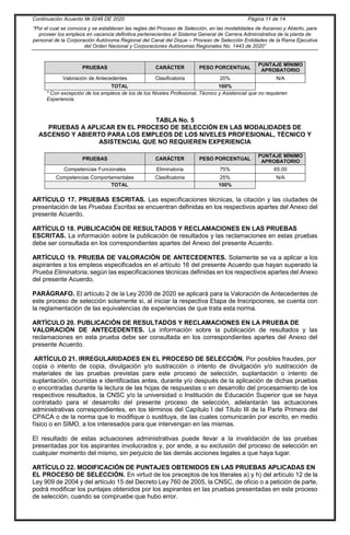 Continuación Acuerdo № 0248 DE 2020 Página 11 de 14
“Por el cual se convoca y se establecen las reglas del Proceso de Selección, en las modalidades de Ascenso y Abierto, para
proveer los empleos en vacancia definitiva pertenecientes al Sistema General de Carrera Administrativa de la planta de
personal de la Corporación Autónoma Regional del Canal del Dique – Proceso de Selección Entidades de la Rama Ejecutiva
del Orden Nacional y Corporaciones Autónomas Regionales No. 1443 de 2020”
PRUEBAS CARÁCTER PESO PORCENTUAL
PUNTAJE MÍNIMO
APROBATORIO
Valoración de Antecedentes Clasificatoria 20% N/A
TOTAL 100%
* Con excepción de los empleos de los de los Niveles Profesional, Técnico y Asistencial que no requieren
Experiencia.
TABLA No. 5
PRUEBAS A APLICAR EN EL PROCESO DE SELECCIÓN EN LAS MODALIDADES DE
ASCENSO Y ABIERTO PARA LOS EMPLEOS DE LOS NIVELES PROFESIONAL, TÉCNICO Y
ASISTENCIAL QUE NO REQUIEREN EXPERIENCIA
PRUEBAS CARÁCTER PESO PORCENTUAL
PUNTAJE MÍNIMO
APROBATORIO
Competencias Funcionales Eliminatoria 75% 65.00
Competencias Comportamentales Clasificatoria 25% N/A
TOTAL 100%
ARTÍCULO 17. PRUEBAS ESCRITAS. Las especificaciones técnicas, la citación y las ciudades de
presentación de las Pruebas Escritas se encuentran definidas en los respectivos apartes del Anexo del
presente Acuerdo.
ARTÍCULO 18. PUBLICACIÓN DE RESULTADOS Y RECLAMACIONES EN LAS PRUEBAS
ESCRITAS. La información sobre la publicación de resultados y las reclamaciones en estas pruebas
debe ser consultada en los correspondientes apartes del Anexo del presente Acuerdo.
ARTÍCULO 19. PRUEBA DE VALORACIÓN DE ANTECEDENTES. Solamente se va a aplicar a los
aspirantes a los empleos especificados en el artículo 16 del presente Acuerdo que hayan superado la
Prueba Eliminatoria, según las especificaciones técnicas definidas en los respectivos apartes del Anexo
del presente Acuerdo.
PARÁGRAFO. El artículo 2 de la Ley 2039 de 2020 se aplicará para la Valoración de Antecedentes de
este proceso de selección solamente si, al iniciar la respectiva Etapa de Inscripciones, se cuenta con
la reglamentación de las equivalencias de experiencias de que trata esta norma.
ARTÍCULO 20. PUBLICACIÓN DE RESULTADOS Y RECLAMACIONES EN LA PRUEBA DE
VALORACIÓN DE ANTECEDENTES. La información sobre la publicación de resultados y las
reclamaciones en esta prueba debe ser consultada en los correspondientes apartes del Anexo del
presente Acuerdo.
ARTÍCULO 21. IRREGULARIDADES EN EL PROCESO DE SELECCIÓN. Por posibles fraudes, por
copia o intento de copia, divulgación y/o sustracción o intento de divulgación y/o sustracción de
materiales de las pruebas previstas para este proceso de selección, suplantación o intento de
suplantación, ocurridas e identificadas antes, durante y/o después de la aplicación de dichas pruebas
o encontradas durante la lectura de las hojas de respuestas o en desarrollo del procesamiento de los
respectivos resultados, la CNSC y/o la universidad o Institución de Educación Superior que se haya
contratado para el desarrollo del presente proceso de selección, adelantarán las actuaciones
administrativas correspondientes, en los términos del Capítulo I del Título III de la Parte Primera del
CPACA o de la norma que lo modifique o sustituya, de las cuales comunicarán por escrito, en medio
físico o en SIMO, a los interesados para que intervengan en las mismas.
El resultado de estas actuaciones administrativas puede llevar a la invalidación de las pruebas
presentadas por los aspirantes involucrados y, por ende, a su exclusión del proceso de selección en
cualquier momento del mismo, sin perjuicio de las demás acciones legales a que haya lugar.
ARTÍCULO 22. MODIFICACIÓN DE PUNTAJES OBTENIDOS EN LAS PRUEBAS APLICADAS EN
EL PROCESO DE SELECCIÓN. En virtud de los preceptos de los literales a) y h) del artículo 12 de la
Ley 909 de 2004 y del artículo 15 del Decreto Ley 760 de 2005, la CNSC, de oficio o a petición de parte,
podrá modificar los puntajes obtenidos por los aspirantes en las pruebas presentadas en este proceso
de selección, cuando se compruebe que hubo error.
 