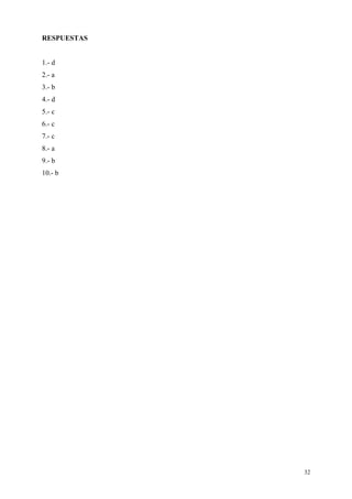 RESPUESTAS


1.- d
2.- a
3.- b
4.- d
5.- c
6.- c
7.- c
8.- a
9.- b
10.- b




             32
 