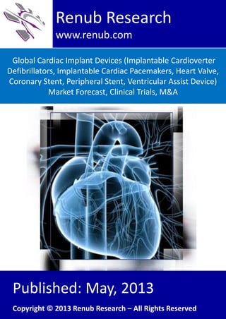 Global Cardiac Implant Devices (Implantable Cardioverter
Defibrillators, Implantable Cardiac Pacemakers, Heart Valve,
Coronary Stent, Peripheral Stent, Ventricular Assist Device)
Market Forecast, Clinical Trials, M&A
Renub Research
www.renub.com
Published: May, 2013
Copyright © 2013 Renub Research – All Rights Reserved
 