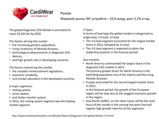 Рынок
Мировой	
  рынок	
  ЭКГ	
  устройств	
  –	
  $3,6	
  млрд,	
  рост	
  5,7%	
  в	
  год
The	
  global	
  Diagnostic	
  ECG	
  Market	
  is	
  estimated	
  to	
  
reach	
  $5,435	
  bln	
  by	
  2020	
  	
  
The	
  factors	
  driving	
  this	
  market	
  
• the	
  increasing	
  geriatric	
  population,	
  	
  
• rising	
  incidences	
  of	
  lifestyle	
  diseases,	
  	
  
• technological	
  advancements	
  in	
  diagnostic	
  ECG	
  
devices,	
  	
  
• and	
  high	
  growth	
  rate	
  in	
  developing	
  countries.	
  	
  
The	
  factors	
  restraining	
  this	
  market	
  
• the	
  unstable	
  reimbursement	
  regulations,	
  	
  
• economic	
  instability,	
  	
  
• and	
  market	
  saturation	
  in	
  the	
  developed	
  countries.	
  
3	
  major	
  segments:	
  
• resting	
  system,	
  	
  
• stress	
  system,	
  	
  
• and	
  Holter	
  monitor	
  system.	
  	
  
In	
  2013,	
  the	
  resting	
  system	
  segment	
  was	
  the	
  leading	
  
market	
  segment.	
  	
  
3	
  Types:	
  	
  
In	
  terms	
  of	
  lead	
  type	
  the	
  global	
  market	
  is	
  categorized	
  as	
  
single-­‐lead,	
  3-­‐6	
  lead,	
  12	
  lead.	
  	
  	
  
• The	
  3-­‐6	
  lead	
  segment	
  accounted	
  for	
  the	
  largest	
  market	
  
share	
  in	
  2013,	
  followed	
  by	
  12	
  lead.	
  	
  
• The	
  3-­‐6	
  lead	
  segment	
  is	
  expected	
  to	
  attain	
  the	
  
leadership	
  position	
  in	
  the	
  forecast	
  period.	
  	
  
Geo	
  markets:	
  
• North	
  America	
  commanded	
  the	
  largest	
  share	
  in	
  the	
  
diagnostic	
  ECG	
  market	
  in	
  2013	
   
The	
  primary	
  growth	
  driver	
  for	
  North	
  America	
  is	
  the	
  
extending	
  population	
  size	
  of	
  the	
  elderly	
  and	
  the	
  rising	
  
lifestyle	
  diseases.	
  
• Europe	
  accounted	
  for	
  the	
  second	
  largest	
  market	
  share	
  
in	
  2013.	
   
In	
  the	
  forecast	
  period,	
  the	
  growth	
  of	
  the	
  European	
  
region	
  will	
  be	
  slow	
  due	
  to	
  the	
  sluggish	
  economic	
  growth	
  
in	
  the	
  region.	
  	
  
• Asia-­‐Pacific	
  (APAC),	
  on	
  the	
  other	
  hand,	
  will	
  be	
  the	
  main	
  
focus	
  of	
  the	
  market	
  in	
  the	
  coming	
  five	
  years	
  that	
  will	
  
register	
  high	
  growth	
  rates	
  for	
  all	
  the	
  segments.
http://www.marketsandmarkets.com/Market-­‐Reports/Diagnostic-­‐ECG-­‐global-­‐Market-­‐173.html
 