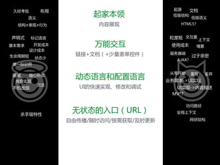 起家本领  
内容展现
文档
低级语义
起源
低级结构
HTML5?
布局
结构≠表现≠行为
语义
久经考验
万能交互  
链接+文档（+少量表单控件）
粒度粗 交互重
使用成本
上下文
情景
服务器端
AJAX?
过于亲密
声明式
基本需求 开发成本
生命周期短 状态少
唯一标识符
标记语言
设计成本
动态语言和配置语言  
UI的快速实现、修改和调试
从零开始 丢弃重写
业务需求->UI实现
UI实现->内容描述
MV*?
灵活
画笔 随心所欲
按需实现
不怕改版
无状态的入口（URL）  
自由传播/随时访问/按需获取/及时更新
访问路径
全局上下文
网状结构
杀手级特性
 