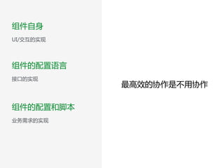 组件自身  
UI/交互的实现
组件的配置语言  
接口的实现
组件的配置和脚本  
业务需求的实现
最高效的协作是不用协作
 