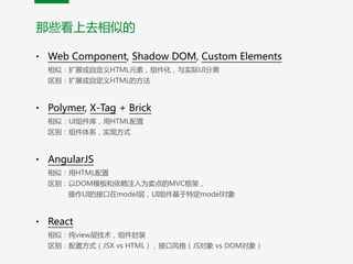 • Web  Component,  Shadow  DOM,  Custom  Elements 
相似：扩展或自定义HTML元素，组件化，与实际UI分离 
区别：扩展或自定义HTML的方法  
• Polymer,  X-Tag  +  Brick 
相似：UI组件库，用HTML配置 
区别：组件体系，实现方式  
• AngularJS 
相似：用HTML配置 
区别：以DOM模板和依赖注入为卖点的MVC框架， 
                    操作UI的接口在model层，UI组件基于特定model对象  
• React 
相似：纯view层技术，组件封装 
区别：配置方式（JSX  vs  HTML），接口风格（JS对象  vs  DOM对象）
那些看上去相似的
 