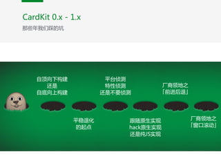 自顶向下构建 
还是 
自底向上构建
平稳退化 
的起点
平台侦测 
特性侦测 
还是不要侦测
跟随原生实现 
hack原生实现 
还是纯JS实现
厂商领地之 
「前进后退」
厂商领地之 
「窗口滚动」
CardKit  0.x  -  1.x
那些年我们踩的坑
 