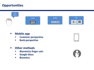 Opportunities
 Mobile app
 Customer perspective
 Bank perspective
 Other methods
 Biometrics finger vain
 Google Glass
 Biometry
TapCodeCard
GET
CASH?
 