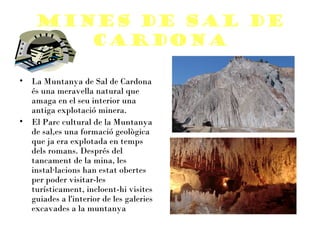 Mines de sal de
       Cardona

• La Muntanya de Sal de Cardona
  és una meravella natural que
  amaga en el seu interior una
  antiga explotació minera.
• El Parc cultural de la Muntanya
  de sal,es una formació geològica
  que ja era explotada en temps
  dels romans. Després del
  tancament de la mina, les
  instal·lacions han estat obertes
  per poder visitar-les
  turísticament, incloent-hi visites
  guiades a l'interior de les galeries
  excavades a la muntanya
 