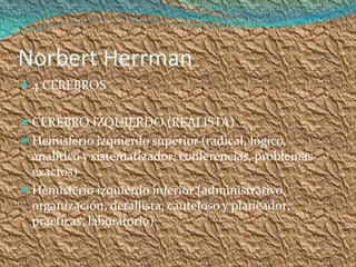 Norbert Herrman
 4 CEREBROS


 CEREBRO IZQUIERDO (REALISTA)
 Hemisferio izquierdo superior (radical, lógico,
  analítico y sistematizador; conferencias, problemas
  exactos)
 Hémisferio izquierdo inferior (administrativo,
  organización, detallista, cauteloso y planeador;
  practicas, laboratorio)
 