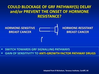 COULD BLOCKAGE OF GRF PATHWAY(S) DELAY
     and/or PREVENT THE ONSET OF HORMONE
                  RESISTANCE?

  HORMONE-SENSITIVE                             HORMONE-RESISTANT
    BREAST CANCER                                 BREAST CANCER




• SWITCH TOWARDS GRF SIGNALLING PATHWAYS
• GAIN OF SENSITIVITY TO ANTI-GROWTH FACTOR PATHWAY DRUGS



                         Adapted from R Nicholson, Tenovus Institute, Cardiff, UK
 