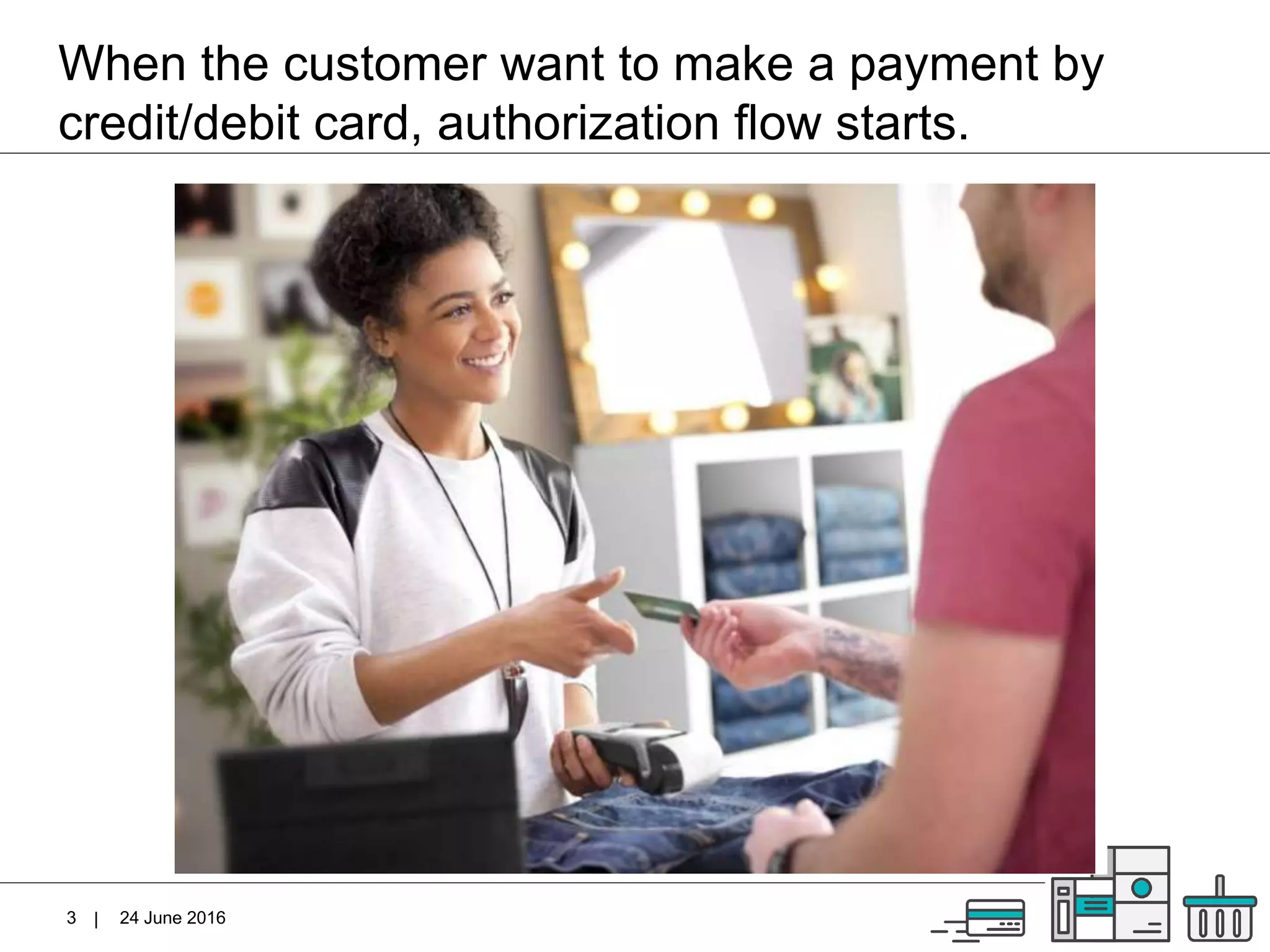 |
When the customer want to make a payment by
credit/debit card, authorization flow starts.
24 June 20163
 