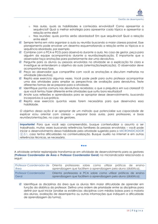 Gestão de desempenho
14 | P á g i n a
o Nas aulas, quais as habilidades e conteúdos envolvidos? Como apresentar a
sequência? Qual a melhor estratégia para apresentar cada tópico e apresentar a
relação entre eles?
o Nas reuniões: quais pontos serão abordados? Em que sequência? Qual a relação
entre eles?
 Sempre tenha em vista organizar a aula ou reunião buscando a maior clareza possível. Esse
planejamento pode envolver um desenho esquematizando a relação entre os tópicos e a
sequência abordada, por exemplo.
 Combine com o PCA e PCG para observá-lo durante a aula. No caso de gestor, peça para
alguém da equipe acompanhá-lo durante a reunião/explicação. É importante que o
observador faça anotações para posteriormente dar uma devolutiva.
 Pergunte para os alunos ou pessoas envolvidas na atividade se a explicação foi clara e
investigue se entenderam o objetivo da aula (orientação/explicação). O observador deve
acompanhar essa fase.
 Peça ao observador que compartilhe com você as anotações e discutam melhorias na
atividade (devolutiva).
 Repita esse exercício algumas vezes. Você pode pedir para outro professor acompanhar
uma das atividades para ampliar as perspectivas de avaliação para devolutiva. Teste
diferentes formas de se preparar para a atividade.
 Identifique pontos comuns nas devolutivas recebidas: o que o prejudica em sua clareza? O
que você tentou fazer diferente entre atividades que surtiu bons resultados?
 Anote suas reflexões e aprendizados para se apropriar desse desenvolvimento, buscando
incorporá-los à sua prática.
 Repita esse exercício quantas vezes forem necessárias para que desenvolva essa
habilidade.
O objetivo dessa ação é se apropriar de um método que potencialize sua capacidade de
explicar e/ou orientar com clareza – preparar boas aulas, para professores, e boas
reuniões/orientações, no caso de gestores.
Importante! Para que você seja compreendido, busque contextualizar o assunto a ser
trabalhado, muitas vezes buscando referências familiares às pessoas envolvidas – você pode
iniciar o desenvolvimento dessa habilidade pela atividade sugerida para o MICROINDICADOR
②.3.1, caso tenha dificuldades na contextualização. Busque auxílio na internet e em outras
referências técnicas, se necessário.
A atividade anterior replanejada transforma-se em atividade de desenvolvimento para os gestores
(Professor Coordenador de Área e Professor Coordenador Geral) no microindicador relacionado a
seguir:
Professor Coordenador de
Área
Orienta professores sobre como utilizar práticas de ensino-
aprendizagem que facilitem a aprendizagem pelo aluno (didática).
Professor Coordenador
Geral
Orienta professores e PCA sobre como utilizar práticas de ensino-
aprendizagem que facilitem a aprendizagem pelo aluno (didática).
 Identifique as disciplinas da área que os alunos têm maior dificuldade de aprender em
função da didática do professor. Defina uma ordem de prioridade entre as disciplinas para
definir por qual iniciar (analise as evidências: disciplinas com médias baixas para a maioria
dos alunos, avaliação de desempenho ou outras informações que indiquem a dificuldade
de aprendizagem da turma).
 