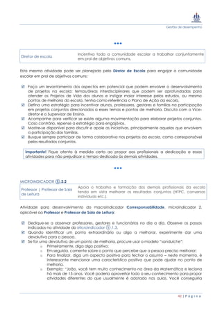 Gestão de desempenho
42 | P á g i n a
Diretor de escola
Incentiva toda a comunidade escolar a trabalhar conjuntamente
em prol de objetivos comuns.
Esta mesma atividade pode ser planejada pelo Diretor de Escola para engajar a comunidade
escolar em prol de objetivos comuns:
 Faça um levantamento dos aspectos em potencial que podem envolver o desenvolvimento
de projetos na escola: temas/áreas interdisciplinares que podem ser aprofundadas para
atender os Projetos de Vida dos alunos e instigar maior interesse pelos estudos, ou mesmo
pontos de melhoria da escola. Tenha como referência o Plano de Ação da escola.
 Defina uma estratégia para incentivar alunos, professores, gestores e famílias na participação
em projetos conjuntos direcionados a esses temas e pontos de melhoria. Discuta com o Vice-
diretor e o Supervisor de Ensino.
 Acompanhe para verificar se existe alguma movimentação para elaborar projetos conjuntos.
Caso contrário, repense a estratégia para engajá-los.
 Mostre-se disponível para discutir e apoie as iniciativas, principalmente aquelas que envolvem
a participação das famílias.
 Busque sempre participar de forma colaborativa nos projetos da escola, como corresponsável
pelos resultados conjuntos.
Importante! Fique atento à medida certa ao propor aos profissionais a dedicação a essas
atividades para não prejudicar o tempo dedicado às demais atividades.
MICROINDICADOR ⑤.2.2
Professor | Professor de Sala
de Leitura
Apoia o trabalho e formação dos demais profissionais da escola
tendo em vista melhorar os resultados conjuntos (HTPC, conversas
individuais etc.).
Atividade para desenvolvimento do macroindicador Corresponsabilidade, microindicador 2,
aplicável ao Professor e Professor de Sala de Leitura:
 Dedique-se a observar professores, gestores e funcionários no dia a dia. Observe os passos
indicados na atividade do Microindicador ⑤.1.3.
 Quando identificar um ponto extraordinário ou algo a melhorar, experimente dar uma
devolutiva para a pessoa.
 Se for uma devolutiva de um ponto de melhoria, procure usar o modelo “sanduíche”:
o Primeiramente, diga algo positivo;
o Em seguida, comente sobre o ponto que percebe que a pessoa precisa melhorar;
o Para finalizar, diga um aspecto positivo para fechar o assunto – neste momento, é
interessante mencionar uma característica positiva que pode ajudar no ponto de
melhoria.
o Exemplo: “João, você tem muito conhecimento na área da Matemática e leciona
há mais de 15 anos. Você poderia aproveitar todo o seu conhecimento para propor
atividades diferentes do que usualmente é adotado nas aulas. Você conseguiria
 