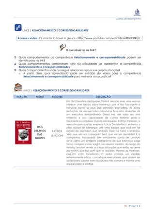 Gestão de desempenho
46 | P á g i n a
LINKS | RELACIONAMENTO E CORRESPONSABILIDADE
Acesse o vídeo: It’s smarter to travel in groups - http://www.youtube.com/watch?v=eR8SUI3TRqU
O que observar no link?
 Quais comportamentos da competência Relacionamento e corresponsabilidade podem ser
identificados no link?
 Quais comportamentos demonstram falta ou dificuldade de apresentar a competência
Relacionamento e corresponsabilidade?
 Quais comportamentos você consegue relacionar com a sua própria atuação?
o A partir disso, qual aprendizado pode ser extraído do vídeo para a competência
Relacionamento e corresponsabilidade para melhorar a sua prática?
LIVROS | RELACIONAMENTO E CORRESPONSABILIDADE
IMAGEM NOME AUTORES DESCRIÇÃO
OS 5
DESAFIOS
DAS
EQUIPES
PATRICK
LENCIONI
Em Os 5 Desafios das Equipes, Patrick Lencioni mais uma vez nos
oferece uma fábula sobre liderança que é tão fascinante e
instrutiva como os seus dois primeiros best-sellers, As cinco
tentações de um executivo principal e As quatro obsessões de
um executivo extraordinário. Dessa vez, ele volta seu vivo
intelecto e sua capacidade de contar histórias para o
fascinante e complexo mundo das equipes. Kathryn Petersen, a
executiva principal da empresa fictícia DecisionTech, enfrenta a
crise crucial da liderança: unir uma equipe que está em tal
estado de desordem que ameaça fazer ruir toda a empresa.
Será que ela vai conseguir? Será que vai ser demitida? E a
companhia, fracassará? Este envolvente conto de Lencioni
serve como um lembrete permanente de que liderança exige
tanto coragem como insight, na mesma medida. Ao longo da
história, Lencioni revela as cinco disfunções que estão no cerne
do motivo que faz com que as equipes, mesmo as melhores,
briguem com freqüência. O autor constrói um modelo
extremamente eficaz, com etapas executáveis, que podem ser
usado para superar esses obstáculos tão comuns e montar uma
equipe coesa e efetiva.
 