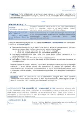 Gestão de desempenho
4 | P á g i n a
Importante! Tenha cuidado com a forma com que escreve os comentários (especialmente
características e pontos de melhoria). Não escreva as suas observações de maneira pejorativa.
Procure ser neutro.
MICROINDICADOR ①.1.2
Professor
Professor de Sala de Leitura
Respeita as diferenças individuais dos alunos e dos profissionais da
escola (por exemplo: diferenças de personalidade, gênero,
orientação sexual, racial, socioeconômicas, religiosa).
Professor Coordenador de
Área | Professor
Coordenador Geral | Vice-
diretor de Escola | Diretor de
Escola
Promove um ambiente de respeito às diferenças individuais dos
alunos e dos profissionais da escola (por exemplo: diferenças de
personalidade, gênero, orientação sexual, racial,
socioeconômicas, religiosa).
Atividade para desenvolvimento do macroindicador Respeito à individualidade, microindicador
2, aplicável à todas as funções:
 Durante uma semana, faça um exercício de reflexão. Anote os comportamentos que você
observa em seus amigos, profissionais da escola, alunos e/ou familiares.
o Quais são os comportamentos que você admira? Por quê?
o Quais são os comportamentos que incomodam você? Por quê?
 Procure um amigo em que você confie para poder discutir as suas preferências e suas
antipatias/preconceitos.
 Peça ajuda para pensar diferente e ampliar suas perspectivas.
 Procure estar atento no dia-a-dia para reagir de forma diferente e promover a mudança de
comportamento.
O objetivo dessa atividade é ampliar a capacidade de compreensão e respeito às diferenças
individuais. O maior desafio consiste em aproximar-se de alguém que apresenta uma
característica que o incomoda e, conscientemente, se propor a conversar abertamente (com
a "cabeça e coração abertos"). Você pode ter boas surpresas ao aumentar sua compreensão
do outro.
Importante: este é um exercício que exige autenticidade e coragem. Não é fácil entrar em
contato com nossos preconceitos e revê-los. Para assumir este desafio, esteja seguro que tem a
abertura necessária. Caso contrário, procure trabalhá-la aos poucos.
MACROINDICADOR ①.2 PROMOÇÃO DO PROTAGONISMO JUVENIL: desperta o interesse pelo
estudo, mostrando que a escola pode oferecer meios (disciplinas, eletivas, laboratórios, tutores)
para ajudar na concepção e realização de seus projetos de vida. Ouve, apoia, orienta e
acompanha os alunos contribuindo para a formação de indivíduos motivados e preparados
pessoal, acadêmica e profissionalmente.
MICROINDICADOR ①.2.1
Professor
Promove práticas da leitura e da pesquisa que potencializam a
realização dos Projetos de Vida dos alunos.
 