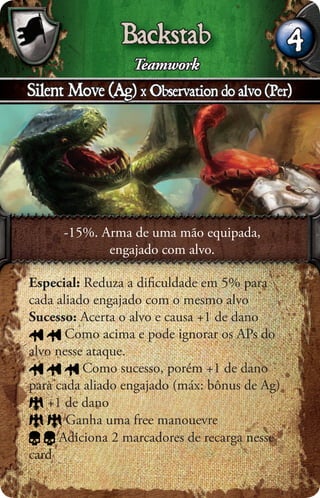 Backstab                       4
                  Teamwork
Silent Move (Ag) x Observation do alvo (Per)




      -15%. Arma de uma mão equipada,
             engajado com alvo.

Especial: Reduza a diﬁculdade em 5% para
cada aliado engajado com o mesmo alvo
Sucesso: Acerta o alvo e causa +1 de dano
       Como acima e pode ignorar os APs do
alvo nesse ataque.
          Como sucesso, porém +1 de dano
para cada aliado engajado (máx: bônus de Ag)
   +1 de dano
       Ganha uma free manouevre
      Adiciona 2 marcadores de recarga nesse
card
 