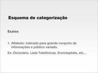Exatos 1. Alfabeto: indicado para grande conjunto de informações e público variado. Ex: Dicionário, Lista Telefônicas, Enciclopédia, etc... Esquema de categorização 