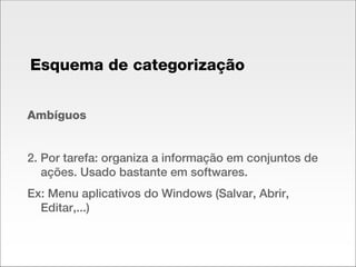 Ambíguos 2. Por tarefa: organiza a informação em conjuntos de ações. Usado bastante em softwares. Ex: Menu aplicativos do Windows (Salvar, Abrir, Editar,...) Esquema de categorização 