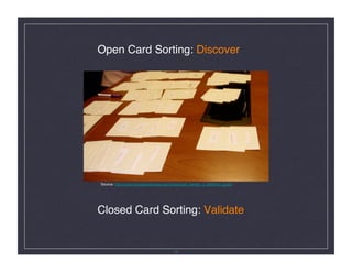 Open Card Sorting: Discover 




Source: http://www.boxesandarrows.com/view/card_sorting_a_deﬁnitive_guide




Closed Card Sorting: Validate 


                                        10
 