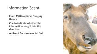 Information Scent
• From 1970s optimal foraging
theory
• Cue to indicate whether the
information sought is in this
direction
• Ambient / environmental feel
 
