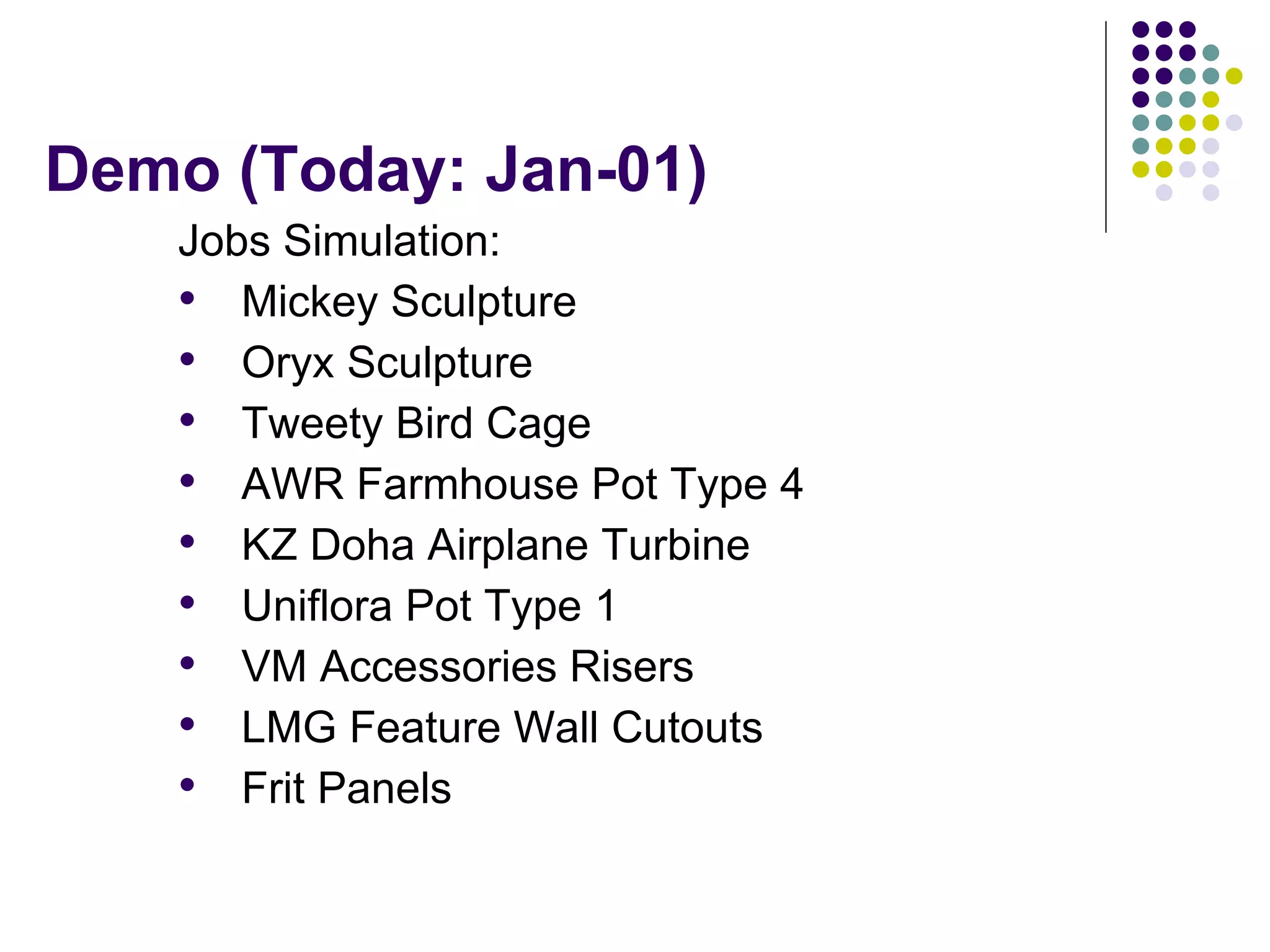 Demo (Today: Jan-01)
Jobs Simulation:
• Mickey Sculpture
• Oryx Sculpture
• Tweety Bird Cage
• AWR Farmhouse Pot Type 4
• KZ Doha Airplane Turbine
• Uniflora Pot Type 1
• VM Accessories Risers
• LMG Feature Wall Cutouts
• Frit Panels
 