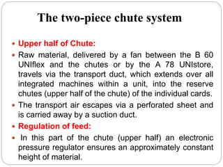 The two-piece chute system
 Upper half of Chute:
 Raw material, delivered by a fan between the B 60
UNIflex and the chutes or by the A 78 UNIstore,
travels via the transport duct, which extends over all
integrated machines within a unit, into the reserve
chutes (upper half of the chute) of the individual cards.
 The transport air escapes via a perforated sheet and
is carried away by a suction duct.
 Regulation of feed:
 In this part of the chute (upper half) an electronic
pressure regulator ensures an approximately constant
height of material.
 