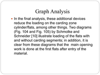 Graph Analysis
 In the final analysis, these additional devices
reduce the loading on the carding zone
cylinder/flats, among other things. Two diagrams
(Fig. 104 and Fig. 105) by Schmolke and
Schneider [10] illustrate loading of the flats with
and without carding segments; in addition, it is
clear from these diagrams that the main opening
work is done at the first flats after entry of the
material.
 