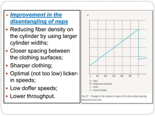  Improvement in the
disentangling of neps
 Reducing fiber density on
the cylinder by using larger
cylinder widths;
 Closer spacing between
the clothing surfaces;
 Sharper clothing;
 Optimal (not too low) licker-
in speeds;
 Low doffer speeds;
 Lower throughput.
 