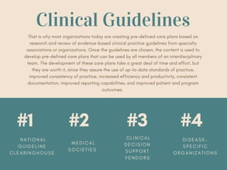 #1 #3#2
  N A T I O N A L
G U I D E L I N E
C L E A R I N G H O U S E
  M E D I C A L
S O C I E T I E S
  C L I N I C A L
D E C I S I O N
S U P P O R T
V E N D O R S
Clinical Guidelines
That is why most organizations today are creating pre-defined care plans based on
research and review of evidence-based clinical practice guidelines from specialty
associations or organizations. Once the guidelines are chosen, the content is used to
develop pre-defined care plans that can be used by all members of an interdisciplinary
team. The development of these care plans take a great deal of time and effort, but
they are worth it, since they assure the use of up-to-date standards of practice,
improved consistency of practice, increased efficiency and productivity, consistent
documentation, improved reporting capabilities, and improved patient and program
outcomes. 
#4
D I S E A S E -
S P E C I F I C
O R G A N I Z A T I O N S
 