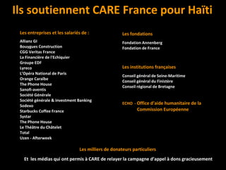 Les entreprises et les salariés de : Allianz GI Bouygues Construction CGG Veritas France Groupe EDF  Lyreco L’Opéra National de Paris Orange Caraïbe The Phone House Sanofi-aventis Société Générale Société générale & investment Banking Sodexo Starbucks Coffee France Systar The Phone House  Le Théâtre du Châtelet Total Uzen - Afterweek Les fondations Fondation Annenberg Fondation de France Fondation Financière de l'Echiquier  Les institutions françaises Conseil général de Seine-Maritime Conseil général du Finistère Conseil régional de Bretagne ECHO  -  Office d’aide humanitaire de la Commission Européenne Ils soutiennent CARE France pour Haïti   Les milliers de donateurs particuliers  Et  les médias qui ont permis à CARE de relayer la campagne d’appel à dons gracieusement 