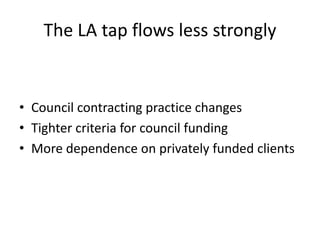 The LA tap flows less strongly
• Council contracting practice changes
• Tighter criteria for council funding
• More dependence on privately funded clients
 