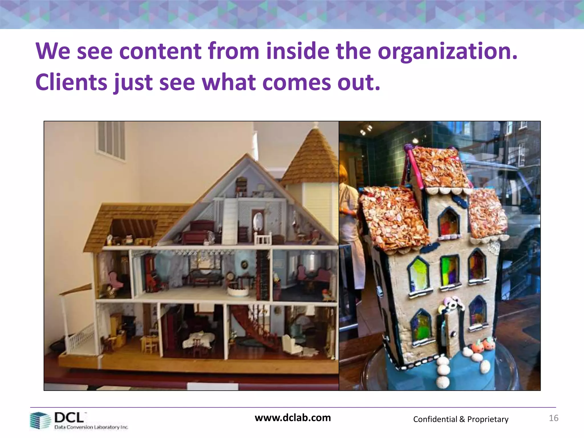 Confidential & Proprietarywww.dclab.com
We see content from inside the organization.
Clients just see what comes out.
16
 