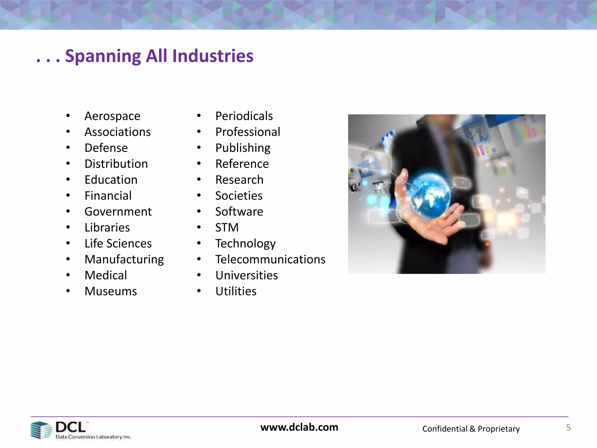 Confidential & Proprietarywww.dclab.com 5
. . . Spanning All Industries
• Aerospace
• Associations
• Defense
• Distribution
• Education
• Financial
• Government
• Libraries
• Life Sciences
• Manufacturing
• Medical
• Museums
• Periodicals
• Professional
• Publishing
• Reference
• Research
• Societies
• Software
• STM
• Technology
• Telecommunications
• Universities
• Utilities
 