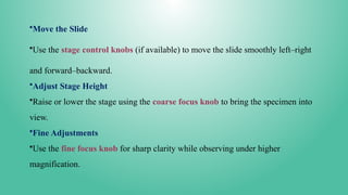 •Move the Slide
•Use the stage control knobs (if available) to move the slide smoothly left–right
and forward–backward.
•Adjust Stage Height
•Raise or lower the stage using the coarse focus knob to bring the specimen into
view.
•Fine Adjustments
•Use the fine focus knob for sharp clarity while observing under higher
magnification.
 