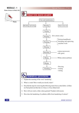 HOME SCIENCE
MODULE - 1
Home Science in Daily Life
164
Notes
Care and Maintenance of Fabrics
WHAT YOU HAVE LEARNT
Care and maintenance
Brushing and airing Mending Stain removal
Sorting
Steeping
Washing
Rinsing
Starching
Bluing
Drying
Finishing
TERMINAL QUESTIONS
1. Explain the meaning of the word ‘laundering’.
2. What is a stain? How would you classify stains?
3. Describethestepsfor removingthefollowingstainsfromacottonfabric.(i)Ghee
(ii) Nail polish (iii) Red ink (iv) Grass (v) Paan (Betal leaf)
4. How will you wash a white cotton garment? Explain with reasons
5. How does the laundering of synthetics differ from laundering of cottons?
(For cottons only)
-friction-hand/brush
-kneading and squeezing
-machine wash
-cotton (arrowroot)
-silk (gum)
-Whitecottonsandlinen
- Pressing
- ironing
- storing
 