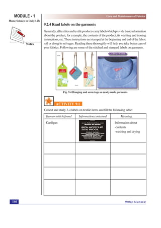 HOME SCIENCE
MODULE - 1
Home Science in Daily Life
146
Notes
Care and Maintenance of Fabrics
9.2.4 Read labels on the garments
Generally,alltextilesandtextileproductscarrylabelswhichprovidebasicinformation
about the product, for example, the contents of the product, its washing and ironing
instructions,etc.Theseinstructionsarestampedatthebeginningandendofthefabric
roll or along its selvages. Reading these thoroughly will help you take better care of
your fabrics. Following are some of the stitched and stamped labels on garments.
Fig. 9.4 Hanging and sewn tags on readymade garments
ACTIVITY 9.1
Collect and study 3-4 labels on textile items and fill the following table:
Item on which found Information contained Meaning
Cardigan Information about
-contents
-washing and drying
 