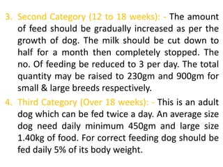 3. Second Category (12 to 18 weeks): - The amount
of feed should be gradually increased as per the
growth of dog. The milk should be cut down to
half for a month then completely stopped. The
no. Of feeding be reduced to 3 per day. The total
quantity may be raised to 230gm and 900gm for
small & large breeds respectively.
4. Third Category (Over 18 weeks): - This is an adult
dog which can be fed twice a day. An average size
dog need daily minimum 450gm and large size
1.40kg of food. For correct feeding dog should be
fed daily 5% of its body weight.
 