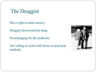 The Druggist Has a right to make money. Druggist discovered the drug. Overcharging for the medicine. Not willing to work with Heinz on payment methods, 