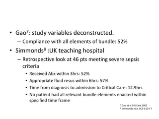 • Gao7: study variables deconstructed.
– Compliance with all elements of bundle: 52%
• Simmonds8 :UK teaching hospital
– Retrospective look at 46 pts meeting severe sepsis
criteria
• Received Abx within 3hrs: 52%
• Appropriate fluid resus within 6hrs: 57%
• Time from diagnosis to admission to Critical Care: 12.9hrs
• No patient had all relevant bundle elements enacted within
specified time frame
7 Gao et al Crit Care 2005
8 Simmonds et al JICS 9:124-7
 