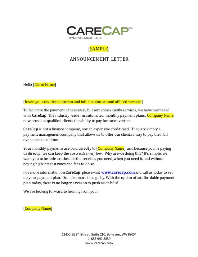 care cap announcement patnership letter generic payment plan letter to customer