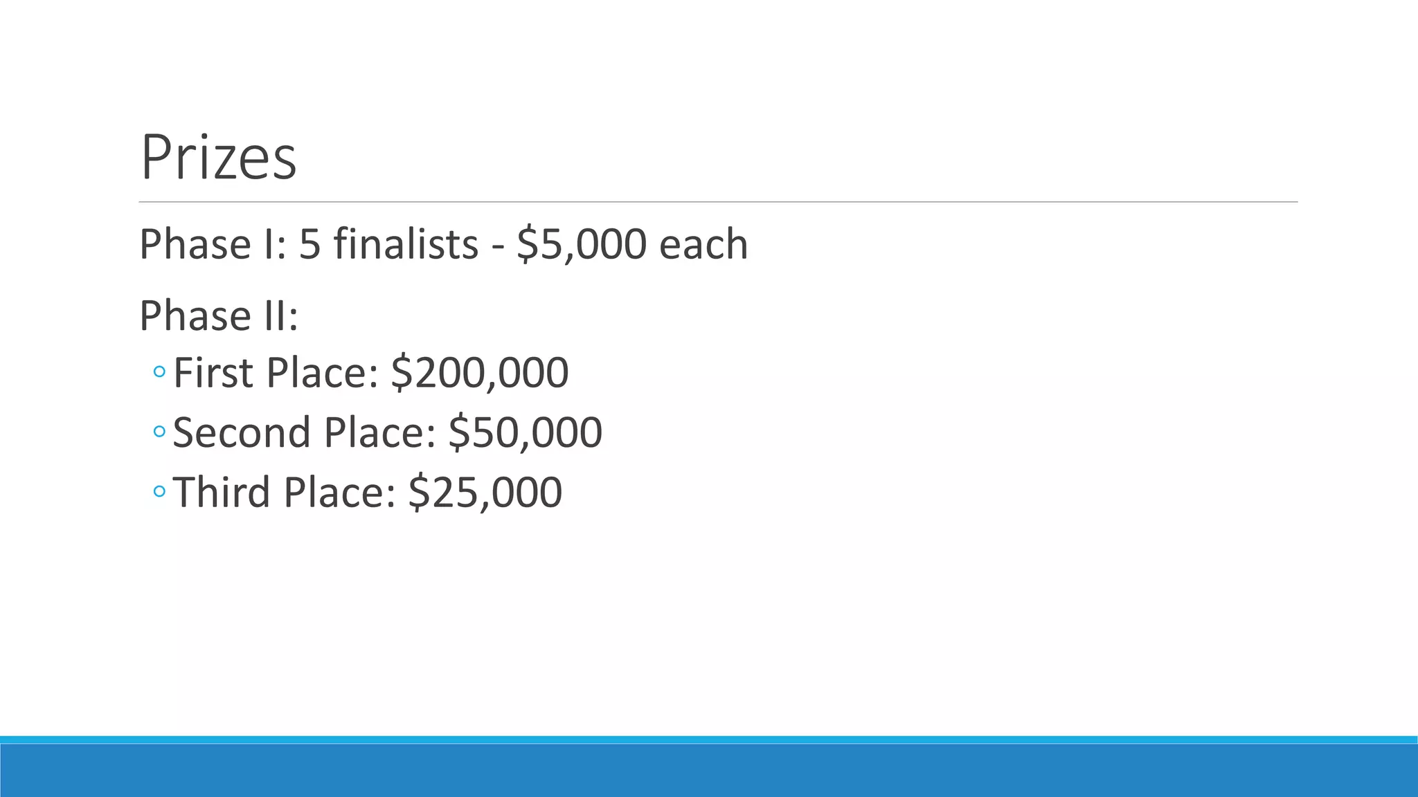 Prizes
Phase I: 5 finalists - $5,000 each
Phase II:
◦First Place: $200,000
◦Second Place: $50,000
◦Third Place: $25,000
 