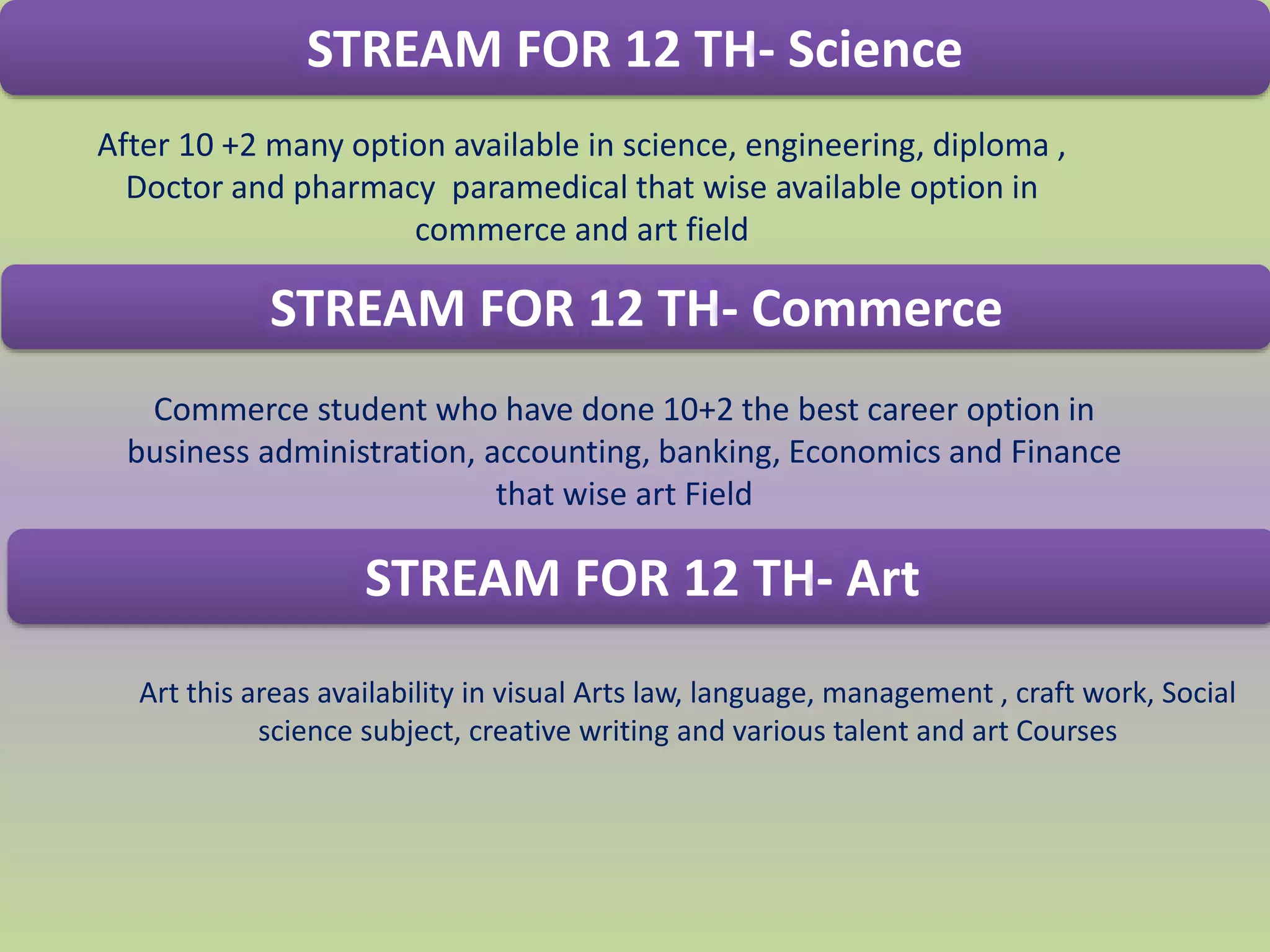 STREAM FOR 12 TH- Science
STREAM FOR 12 TH- Commerce
STREAM FOR 12 TH- Art
After 10 +2 many option available in science, engineering, diploma ,
Doctor and pharmacy paramedical that wise available option in
commerce and art field
Commerce student who have done 10+2 the best career option in
business administration, accounting, banking, Economics and Finance
that wise art Field
Art this areas availability in visual Arts law, language, management , craft work, Social
science subject, creative writing and various talent and art Courses
 