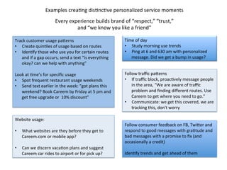 Examples	
  creaDng	
  disDncDve	
  personalized	
  service	
  moments	
  
Track	
  customer	
  usage	
  pagerns	
  
•  Create	
  quinDles	
  of	
  usage	
  based	
  on	
  routes	
  
•  IdenDfy	
  those	
  who	
  use	
  you	
  for	
  certain	
  routes	
  
and	
  if	
  a	
  gap	
  occurs,	
  send	
  a	
  text	
  “is	
  everything	
  
okay?	
  can	
  we	
  help	
  with	
  anything”	
  
Look	
  at	
  Dme’s	
  for	
  speciﬁc	
  usage	
  
•  Spot	
  frequent	
  restaurant	
  usage	
  weekends	
  
•  Send	
  text	
  earlier	
  in	
  the	
  week:	
  “got	
  plans	
  this	
  
weekend?	
  Book	
  Careem	
  by	
  Friday	
  at	
  5	
  pm	
  and	
  
get	
  free	
  upgrade	
  or	
  	
  10%	
  discount”	
  
	
  
Website	
  usage:	
  	
  
	
  
•  What	
  websites	
  are	
  they	
  before	
  they	
  get	
  to	
  
Careem.com	
  or	
  mobile	
  app?	
  	
  
	
  
•  Can	
  we	
  discern	
  vacaDon	
  plans	
  and	
  suggest	
  
Careem	
  car	
  rides	
  to	
  airport	
  or	
  for	
  pick	
  up?	
  	
  
Time	
  of	
  day	
  
•  Study	
  morning	
  use	
  trends	
  
•  Ping	
  at	
  6	
  and	
  630	
  am	
  with	
  personalized	
  
message.	
  Did	
  we	
  get	
  a	
  bump	
  in	
  usage?	
  
Follow	
  consumer	
  feedback	
  on	
  FB,	
  Twiger	
  and	
  
respond	
  to	
  good	
  messages	
  with	
  graDtude	
  and	
  
bad	
  messages	
  with	
  a	
  promise	
  to	
  ﬁx	
  (and	
  
occasionally	
  a	
  credit)	
  	
  
	
  
IdenDfy	
  trends	
  and	
  get	
  ahead	
  of	
  them	
  
Follow	
  traﬃc	
  pagerns	
  
•  If	
  traﬃc	
  block,	
  proacDvely	
  message	
  people	
  
in	
  the	
  area,	
  “We	
  are	
  aware	
  of	
  traﬃc	
  
problem	
  and	
  ﬁnding	
  diﬀerent	
  routes.	
  Use	
  
Careem	
  to	
  get	
  where	
  you	
  need	
  to	
  go.”	
  
•  Communicate:	
  we	
  get	
  this	
  covered,	
  we	
  are	
  
tracking	
  this,	
  don't	
  worry	
  
Every	
  experience	
  builds	
  brand	
  of	
  “respect,”	
  “trust,”	
  
and	
  “we	
  know	
  you	
  like	
  a	
  friend”	
  
 