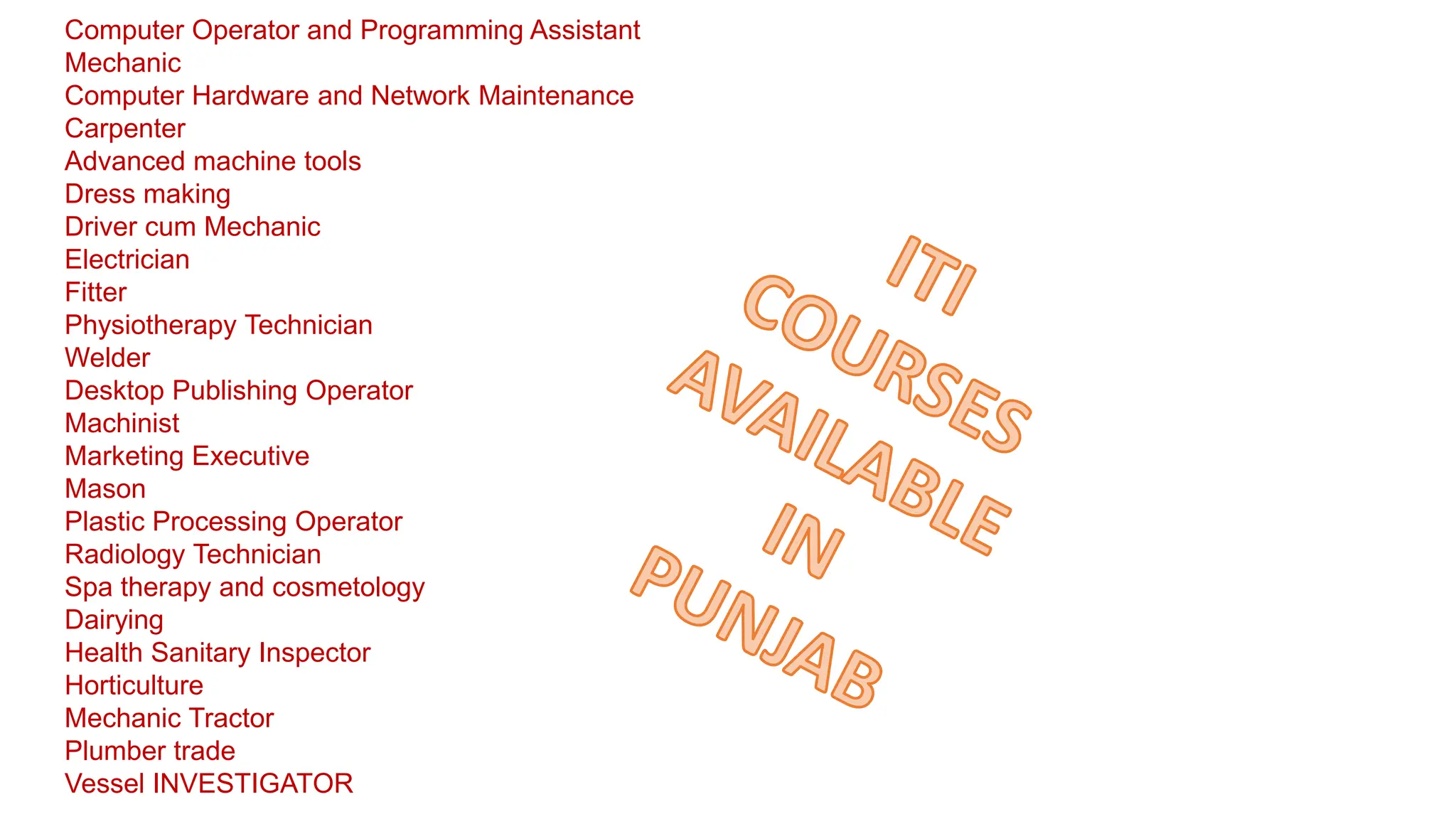 Computer Operator and Programming Assistant
Mechanic
Computer Hardware and Network Maintenance
Carpenter
Advanced machine tools
Dress making
Driver cum Mechanic
Electrician
Fitter
Physiotherapy Technician
Welder
Desktop Publishing Operator
Machinist
Marketing Executive
Mason
Plastic Processing Operator
Radiology Technician
Spa therapy and cosmetology
Dairying
Health Sanitary Inspector
Horticulture
Mechanic Tractor
Plumber trade
Vessel INVESTIGATOR
 