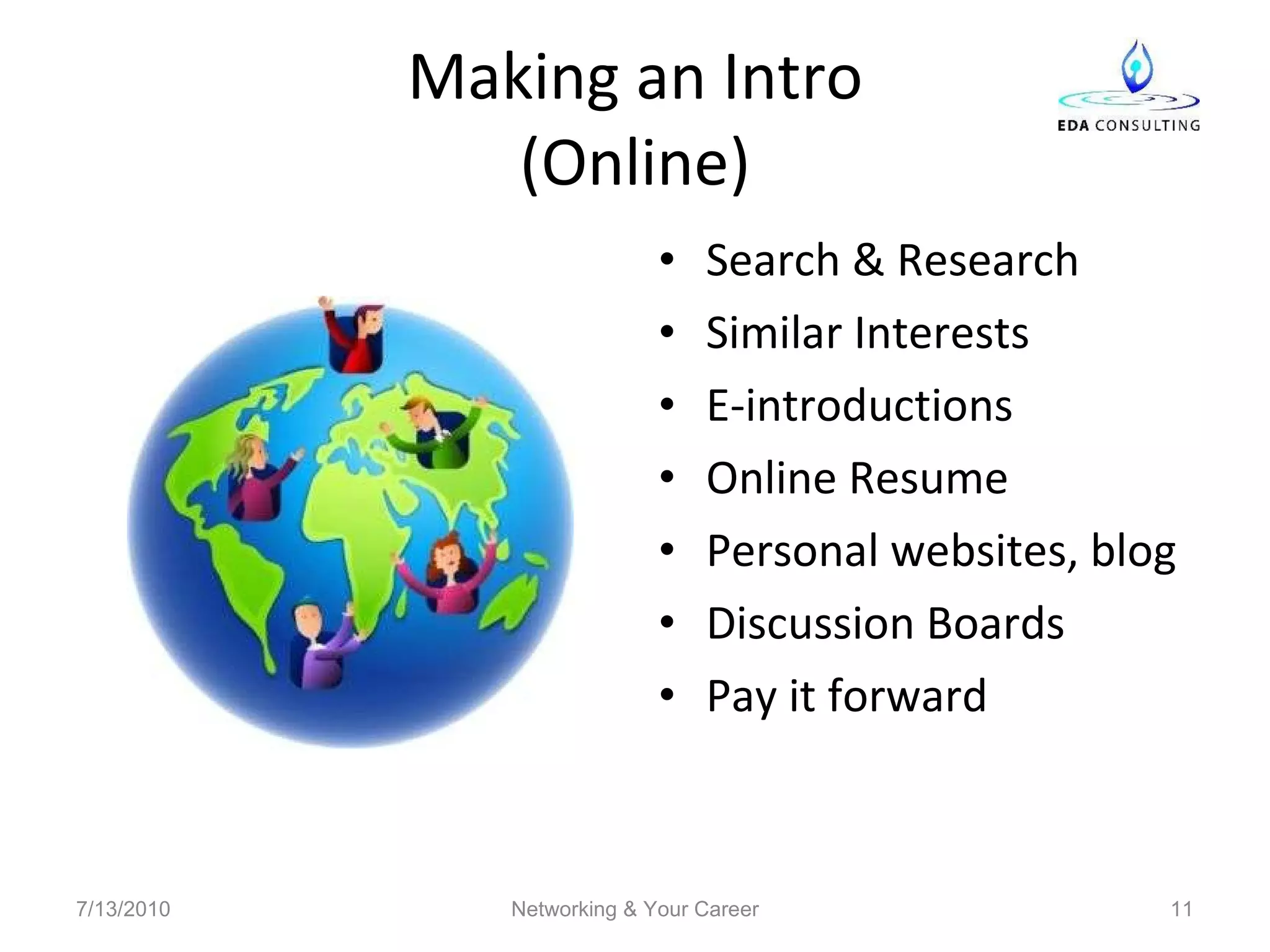 Making an Intro (Online) Search & Research Similar Interests E-introductions Online Resume Personal websites, blog Discussion Boards Pay it forward 7/13/2010 Networking & Your Career 