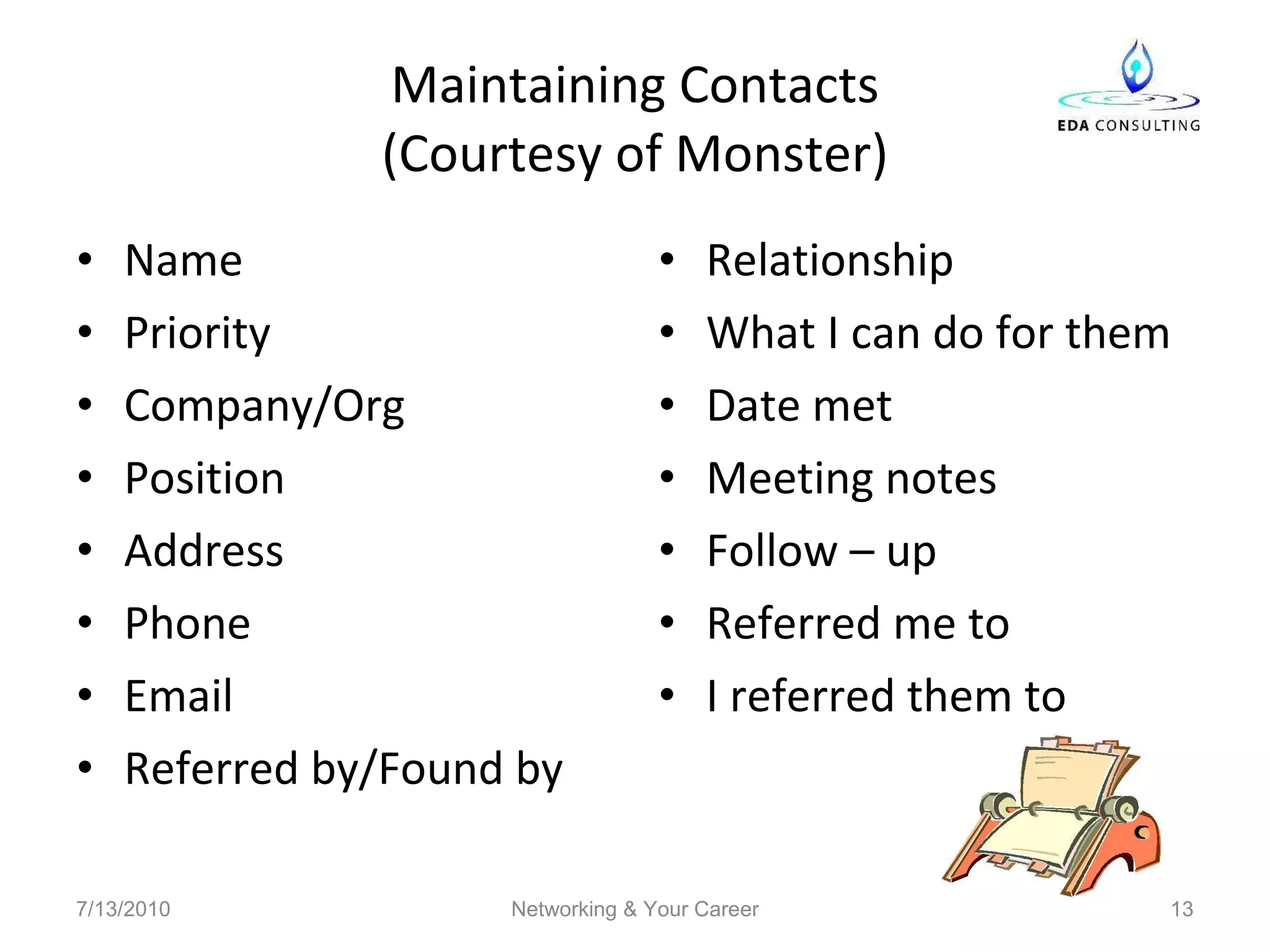 Maintaining Contacts (Courtesy of Monster) Name Priority Company/Org Position Address Phone Email Referred by/Found by Relationship What I can do for them Date met Meeting notes Follow – up Referred me to I referred them to 7/13/2010 Networking & Your Career 