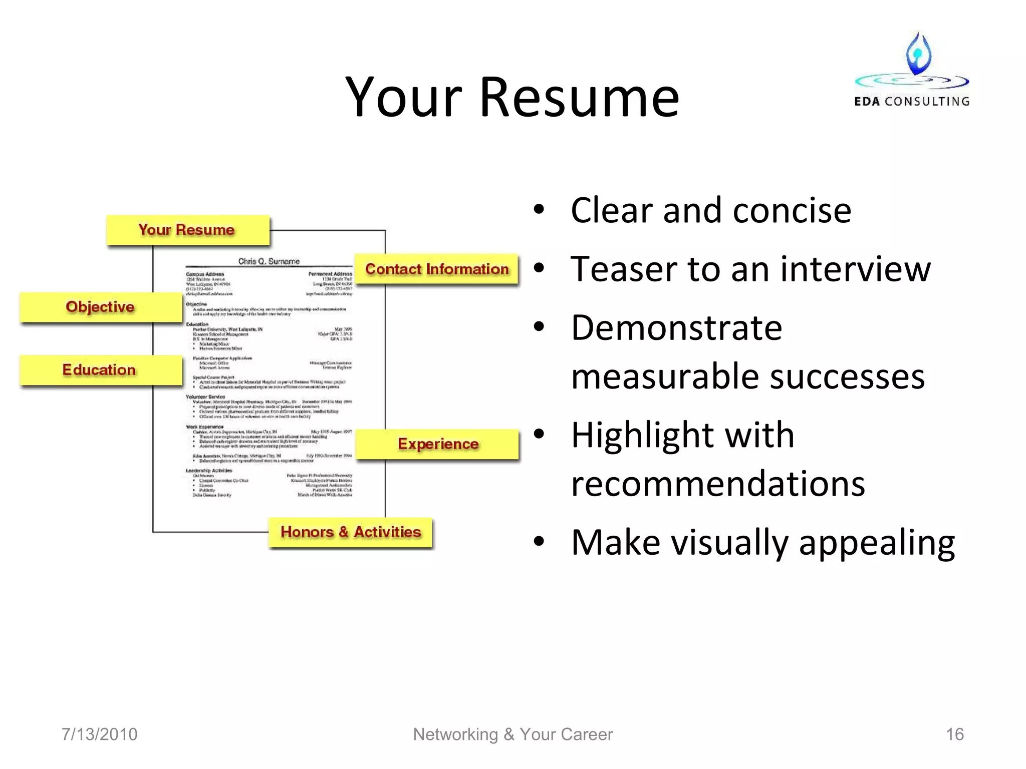 Your Resume Clear and concise Teaser to an interview Demonstrate measurable successes Highlight with recommendations Make visually appealing 7/13/2010 Networking & Your Career 