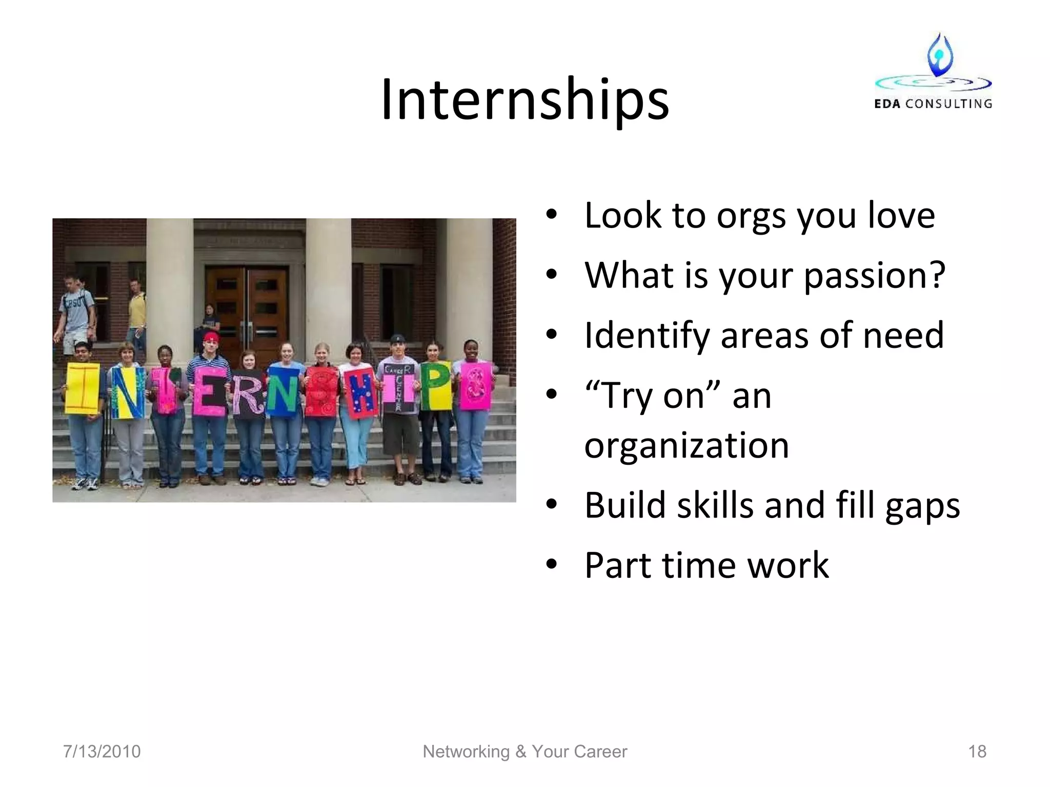 Internships Look to orgs you love What is your passion? Identify areas of need “ Try on” an organization Build skills and fill gaps Part time work 7/13/2010 Networking & Your Career 
