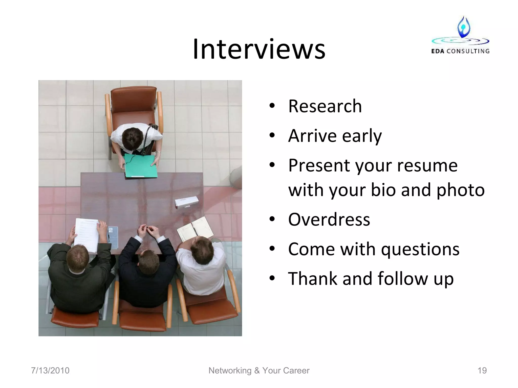 Interviews Research Arrive early Present your resume with your bio and photo Overdress  Come with questions Thank and follow up 7/13/2010 Networking & Your Career 