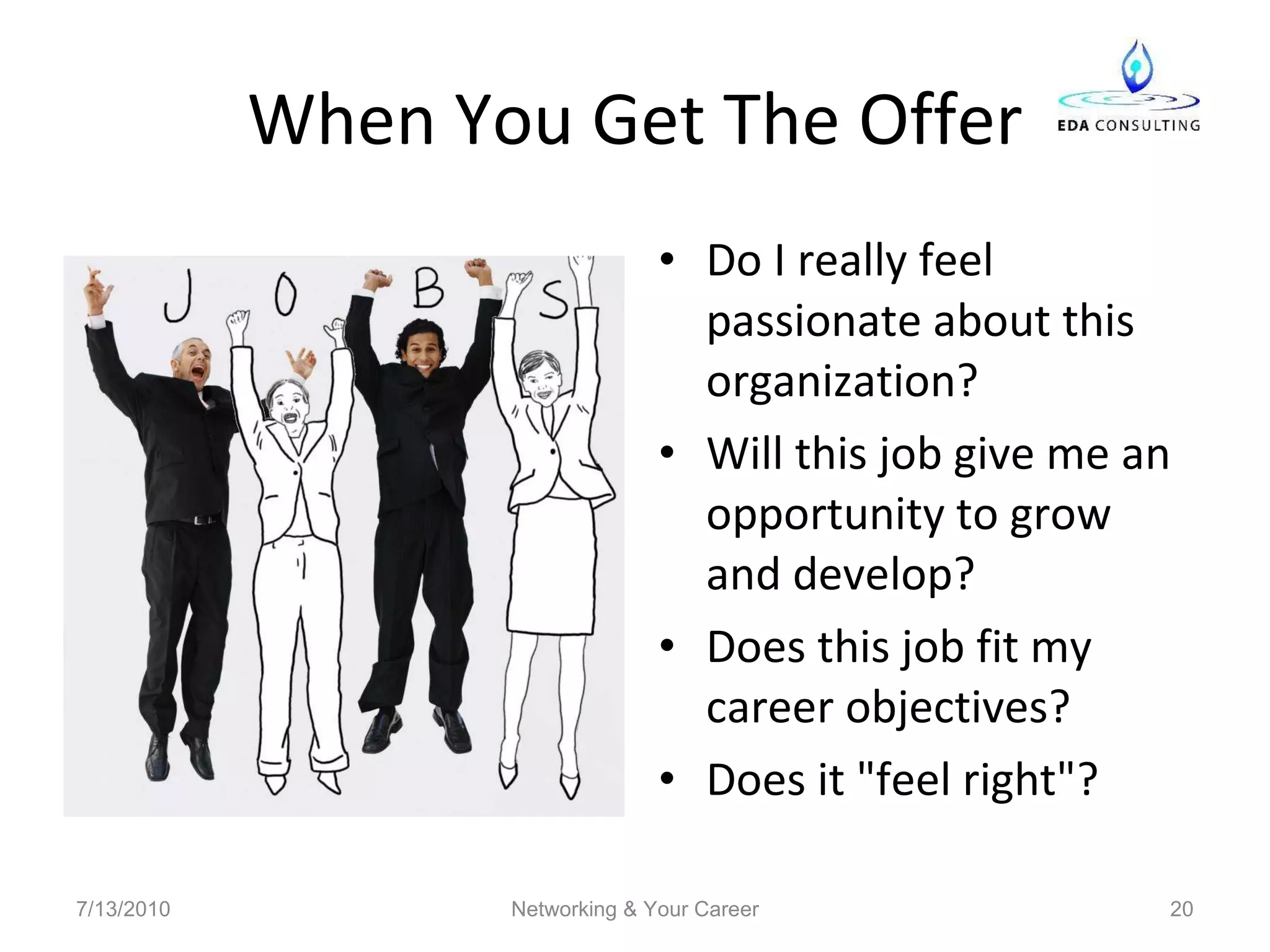 When You Get The Offer Do I really feel passionate about this organization? Will this job give me an opportunity to grow and develop?  Does this job fit my career objectives?  Does it &quot;feel right&quot;?  7/13/2010 Networking & Your Career 